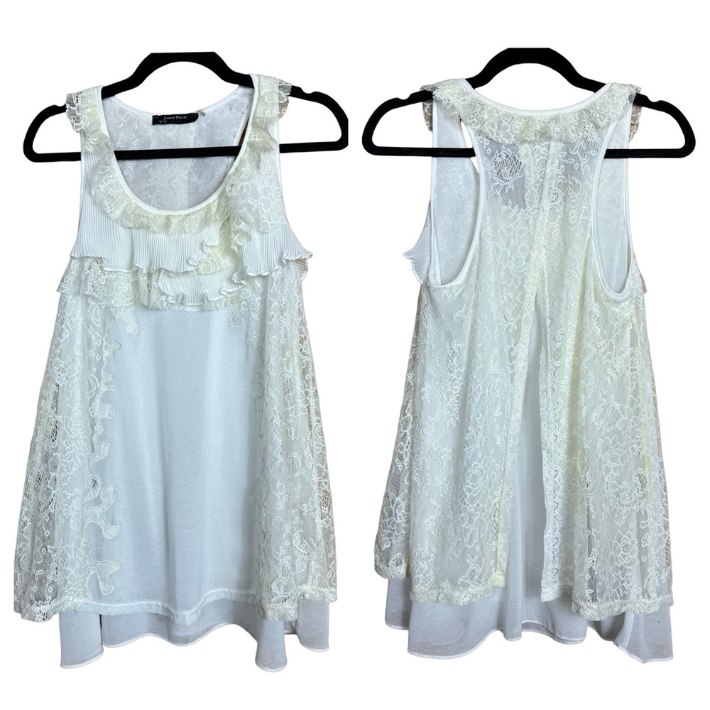 Janet Paris Romantic Cream Lace Pleated Ruffled Sleeveless Tulip Back Blouse Top